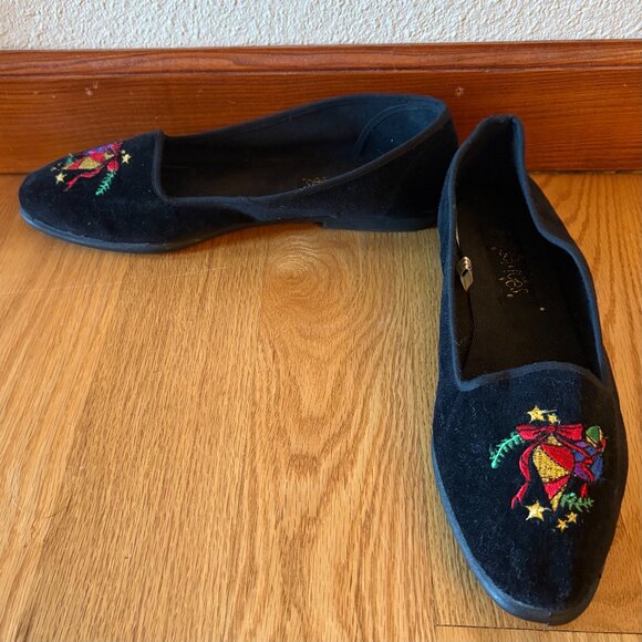 Black Velvet Ugly Christmas Shoes Flats Slippers Christmas Baubles Stars Size 9 - Picture 4 of 6